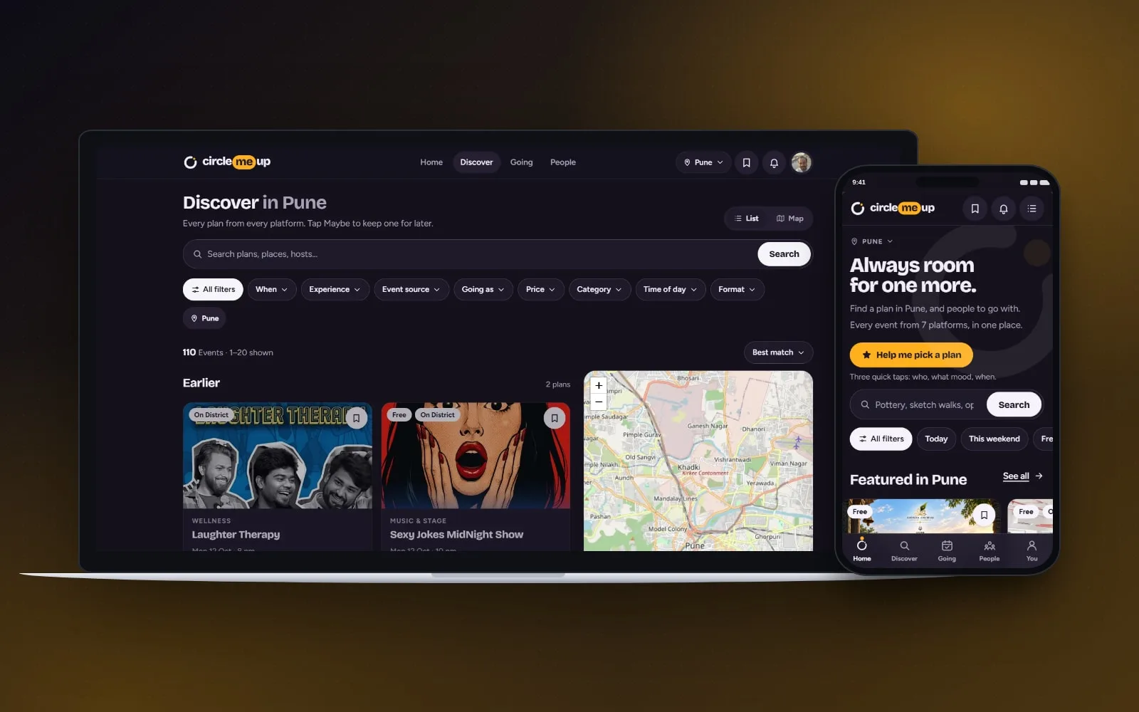 CircleMeUp concept on laptop and phone screens