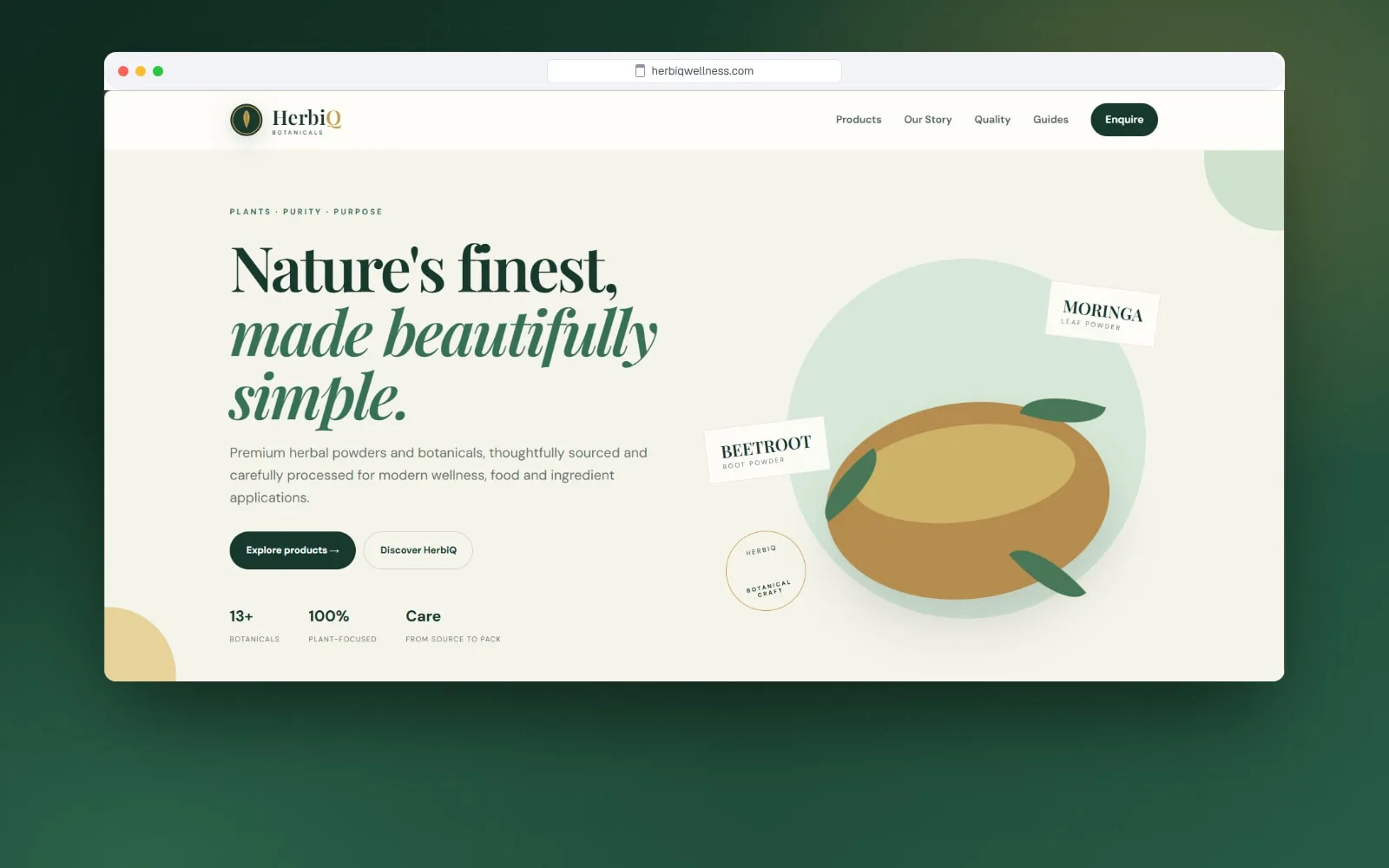 HerbiQ Botanicals home page on a laptop