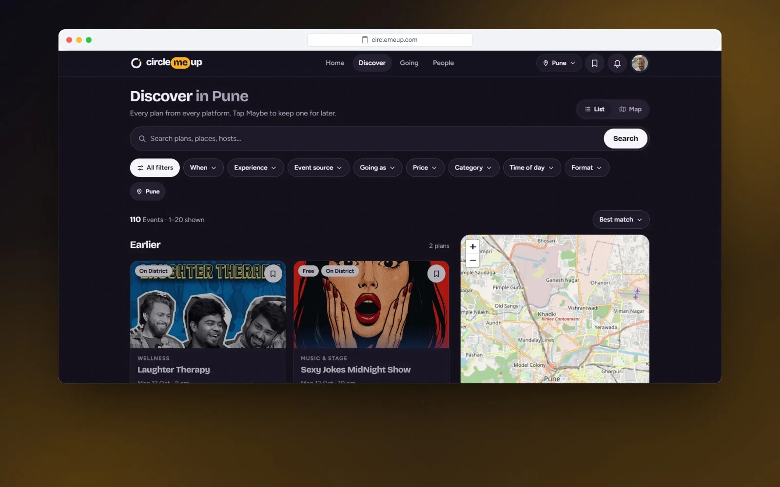 CircleMeUp discover page on a laptop