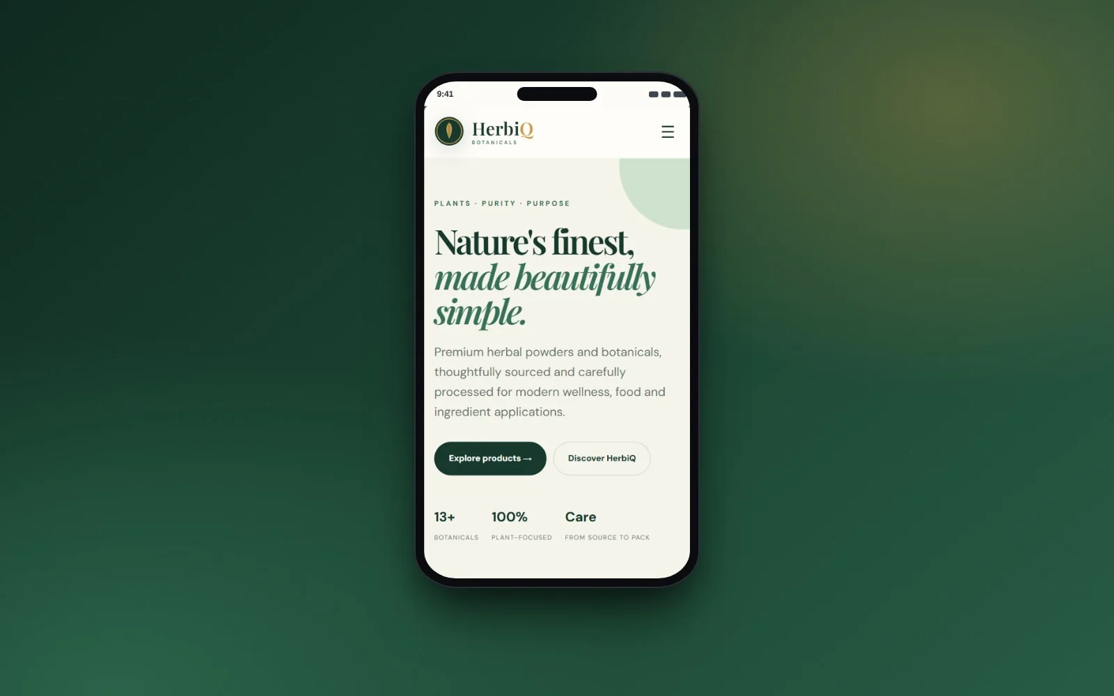 HerbiQ Botanicals on a phone showing the home screen
