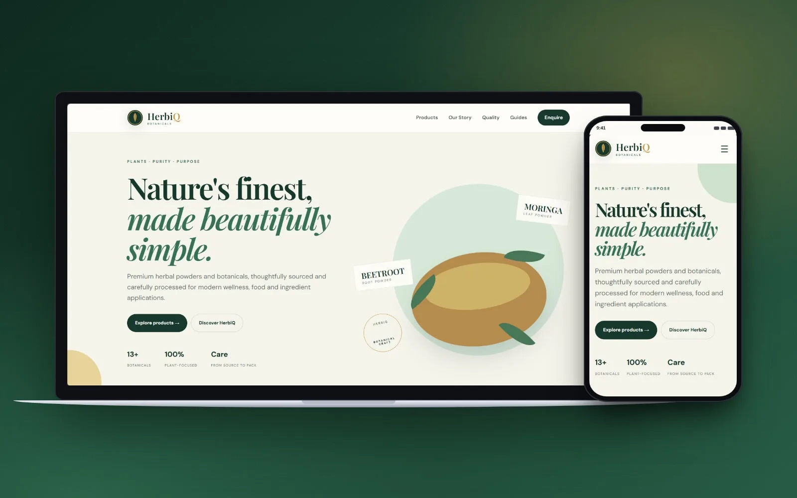 HerbiQ Botanicals concept on laptop and phone screens