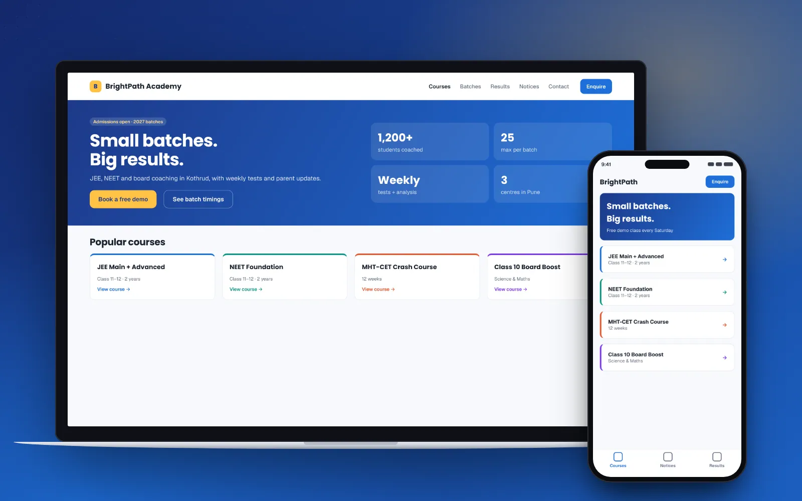 BrightPath Academy concept on laptop and phone screens