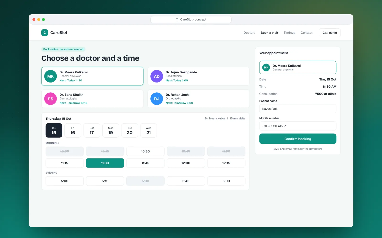 CareSlot booking page: choose a doctor and an open slot