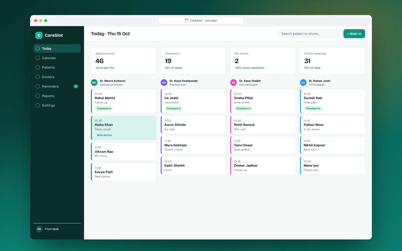 CareSlot front-desk dashboard with today's appointments