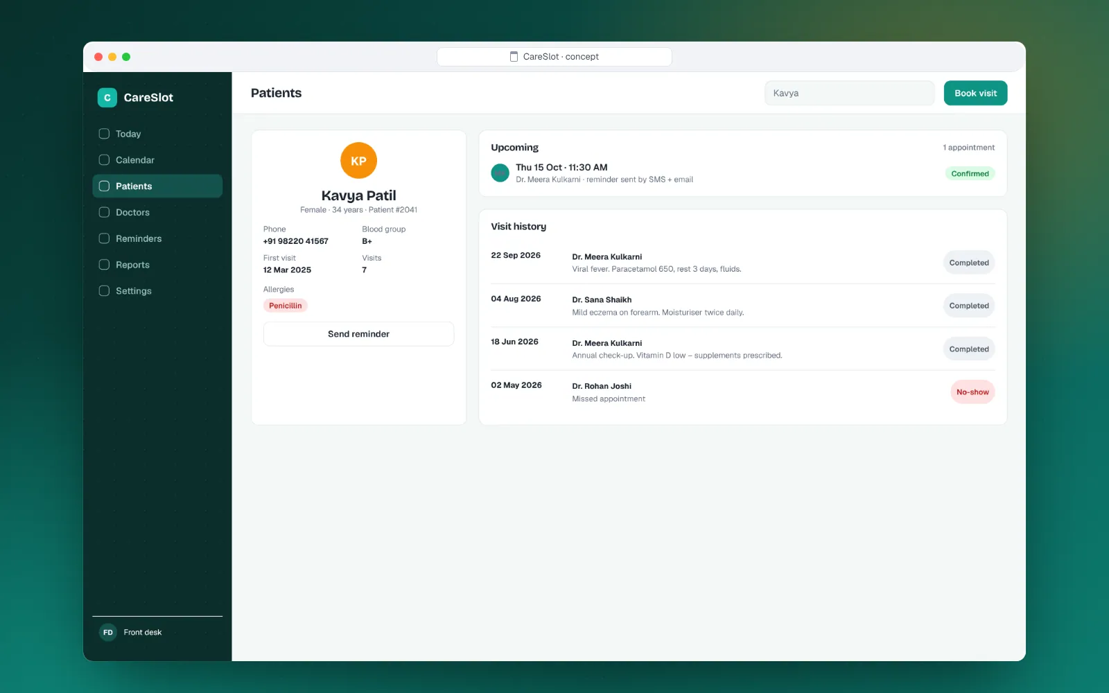 CareSlot patient record with visit history
