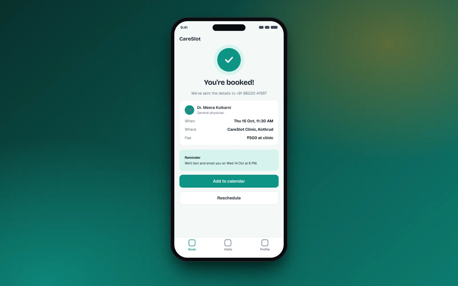 CareSlot on a phone: booking confirmed with reminder details