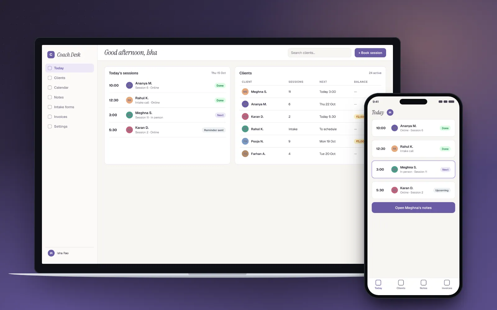 Coach Desk concept on laptop and phone screens