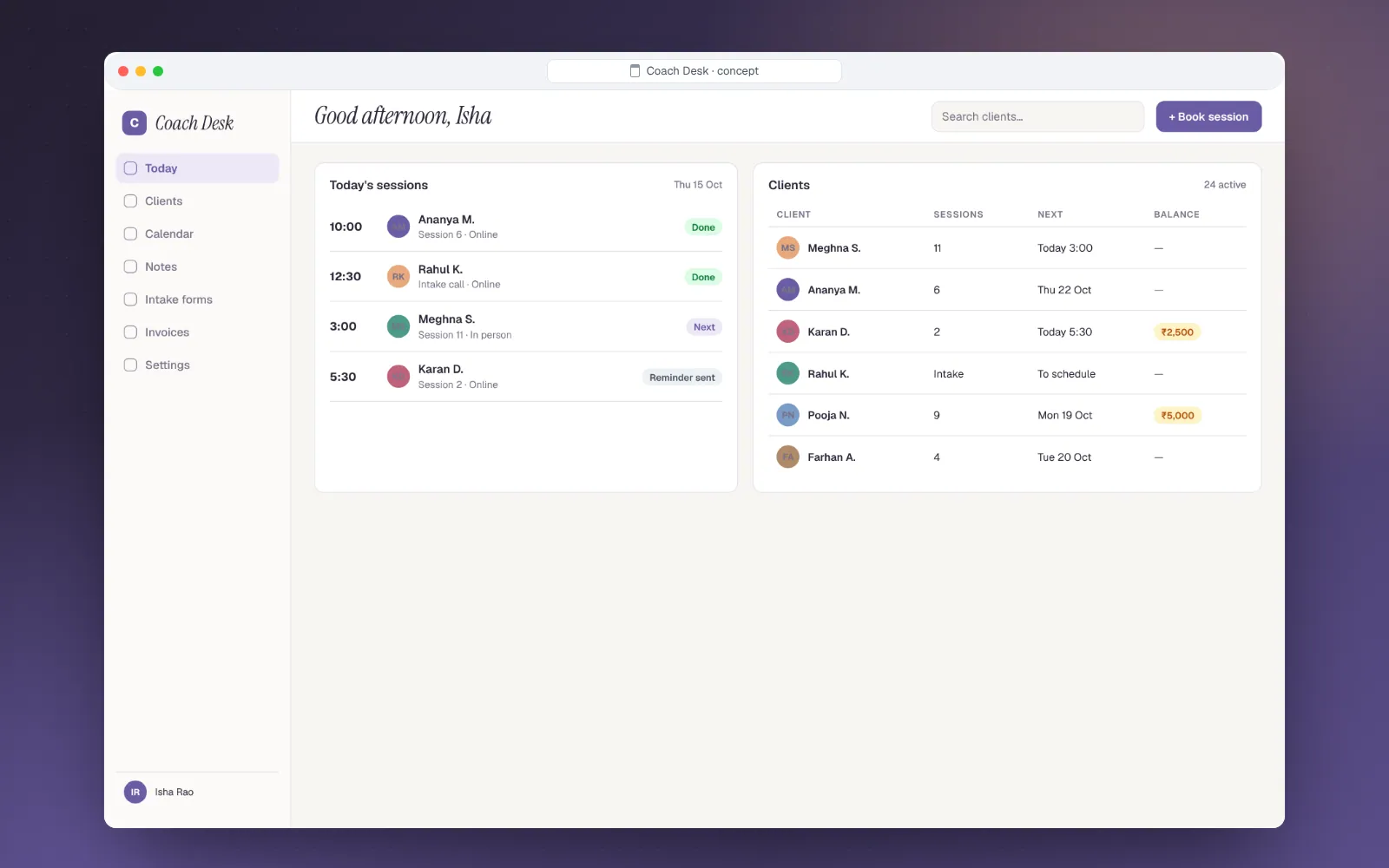 Coach Desk client list and today's sessions