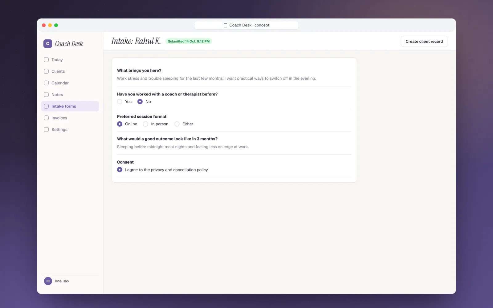 Coach Desk client intake form