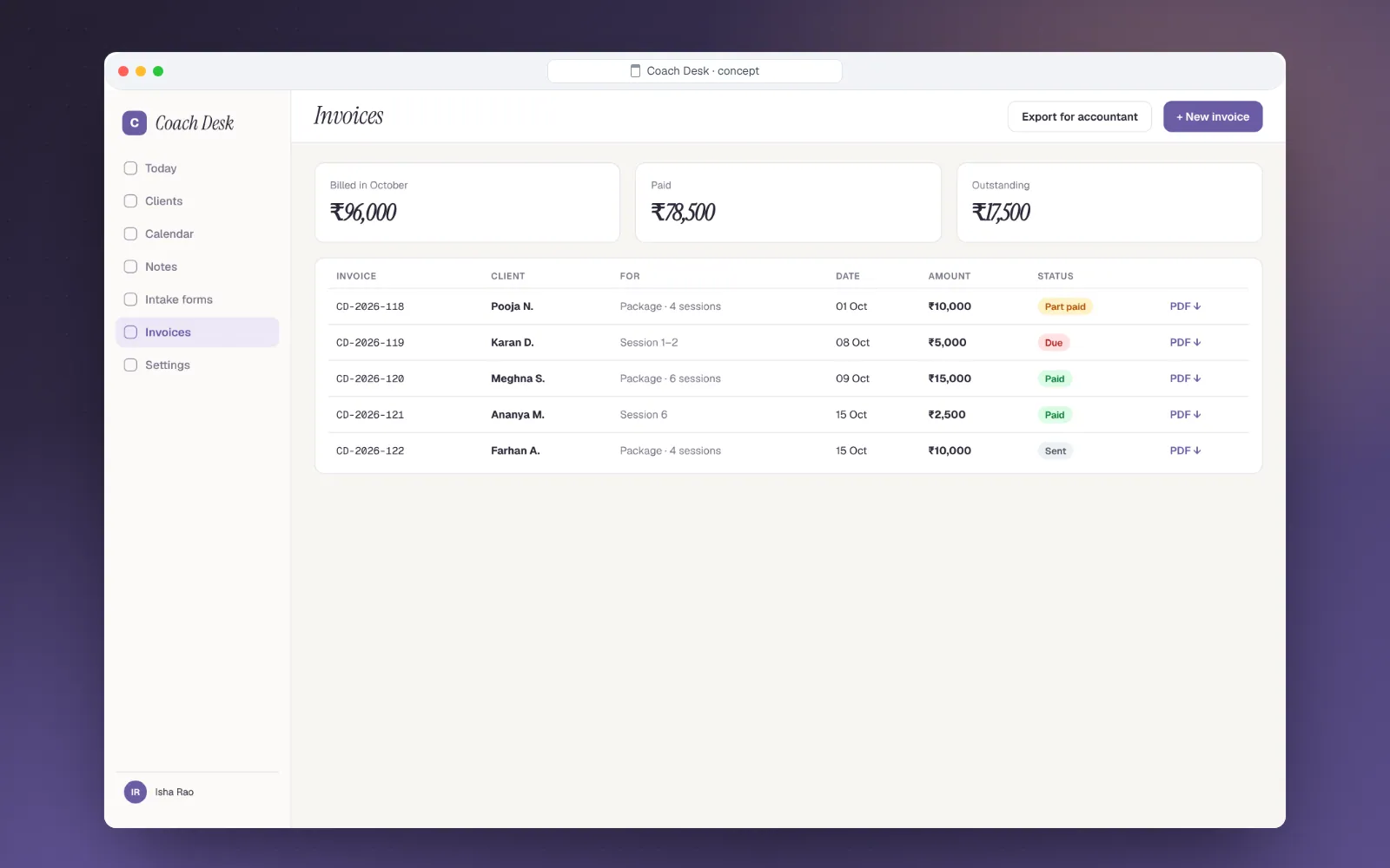 Coach Desk invoice export