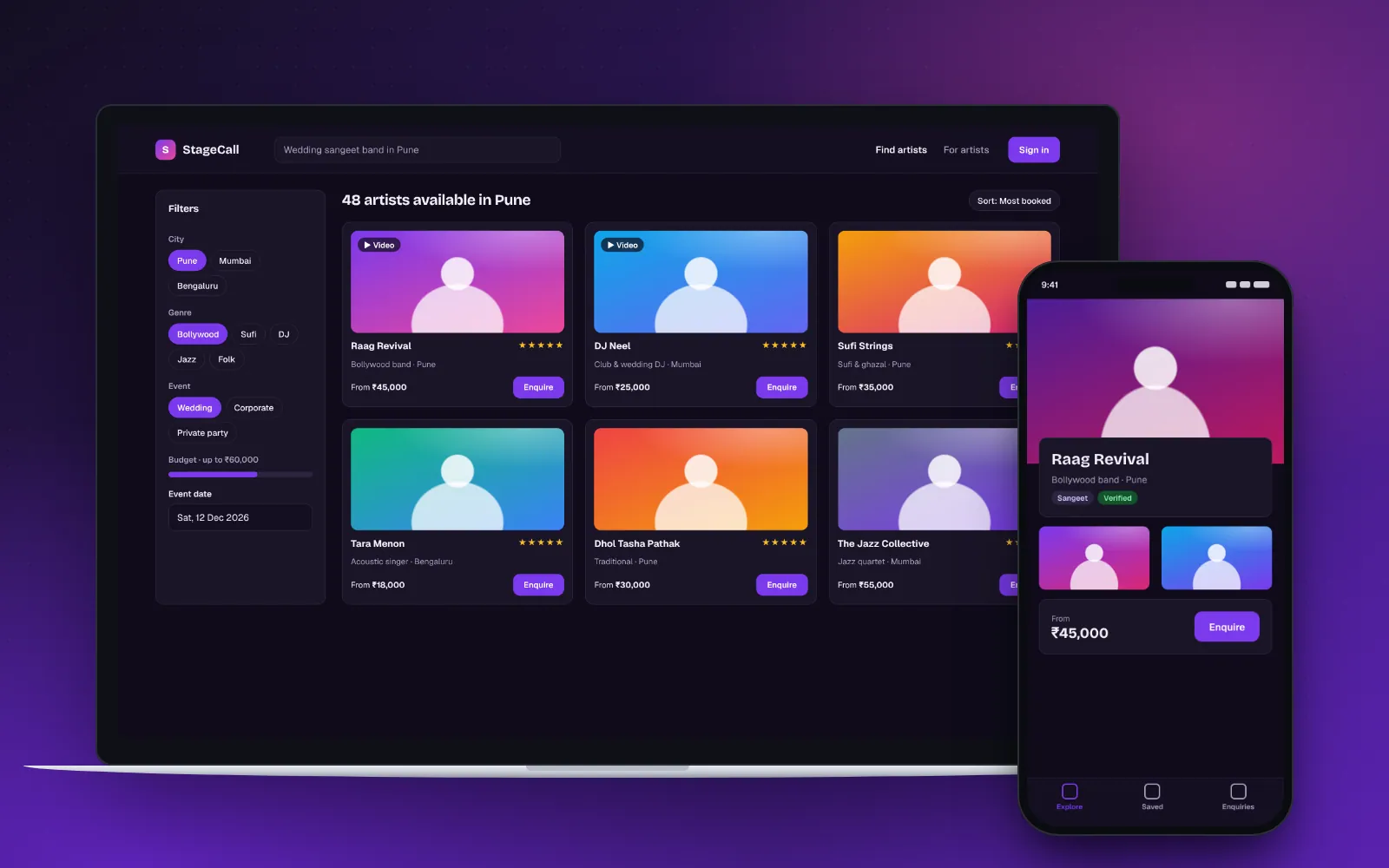 StageCall concept on laptop and phone screens