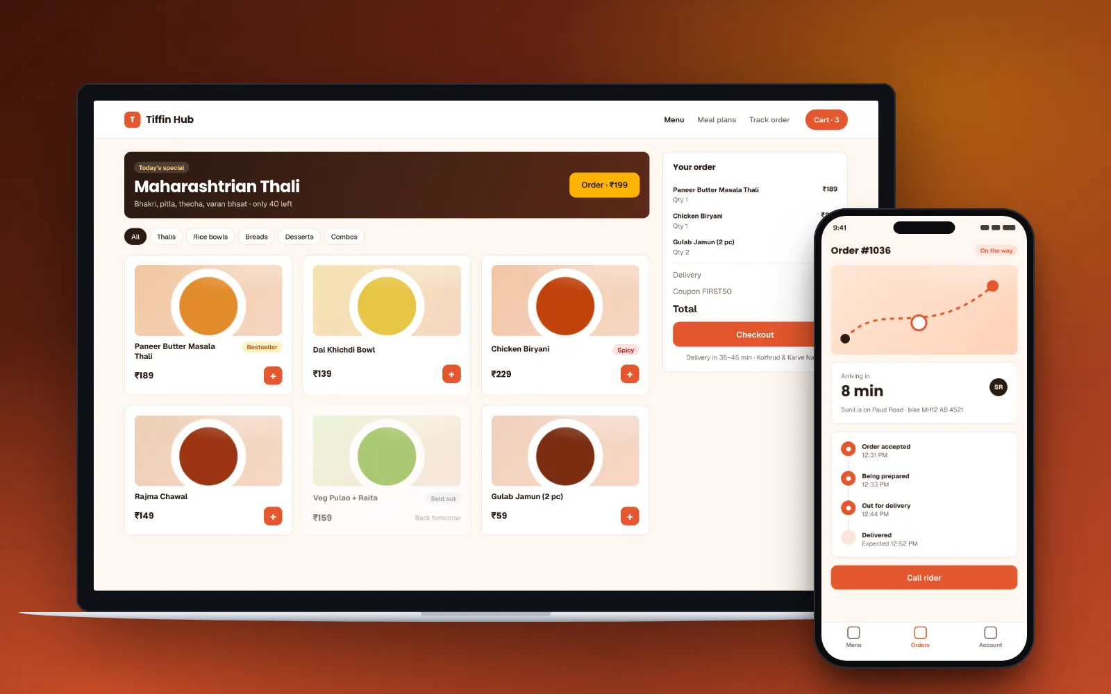 Tiffin Hub concept on laptop and phone screens