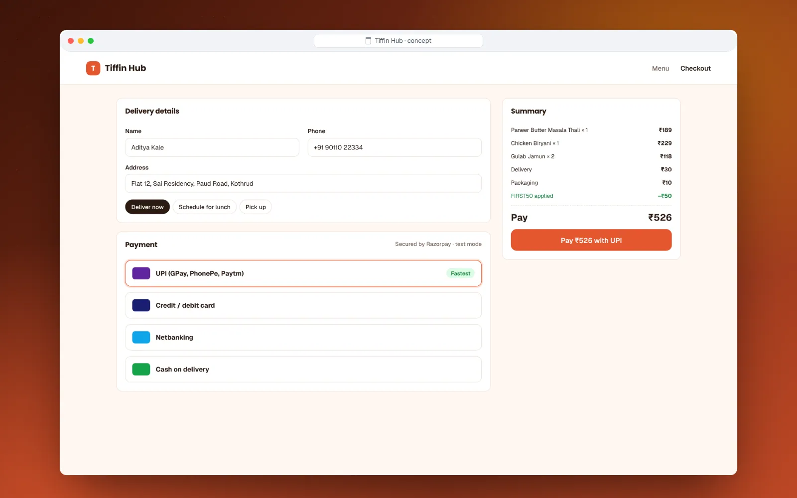 Tiffin Hub cart and Razorpay checkout