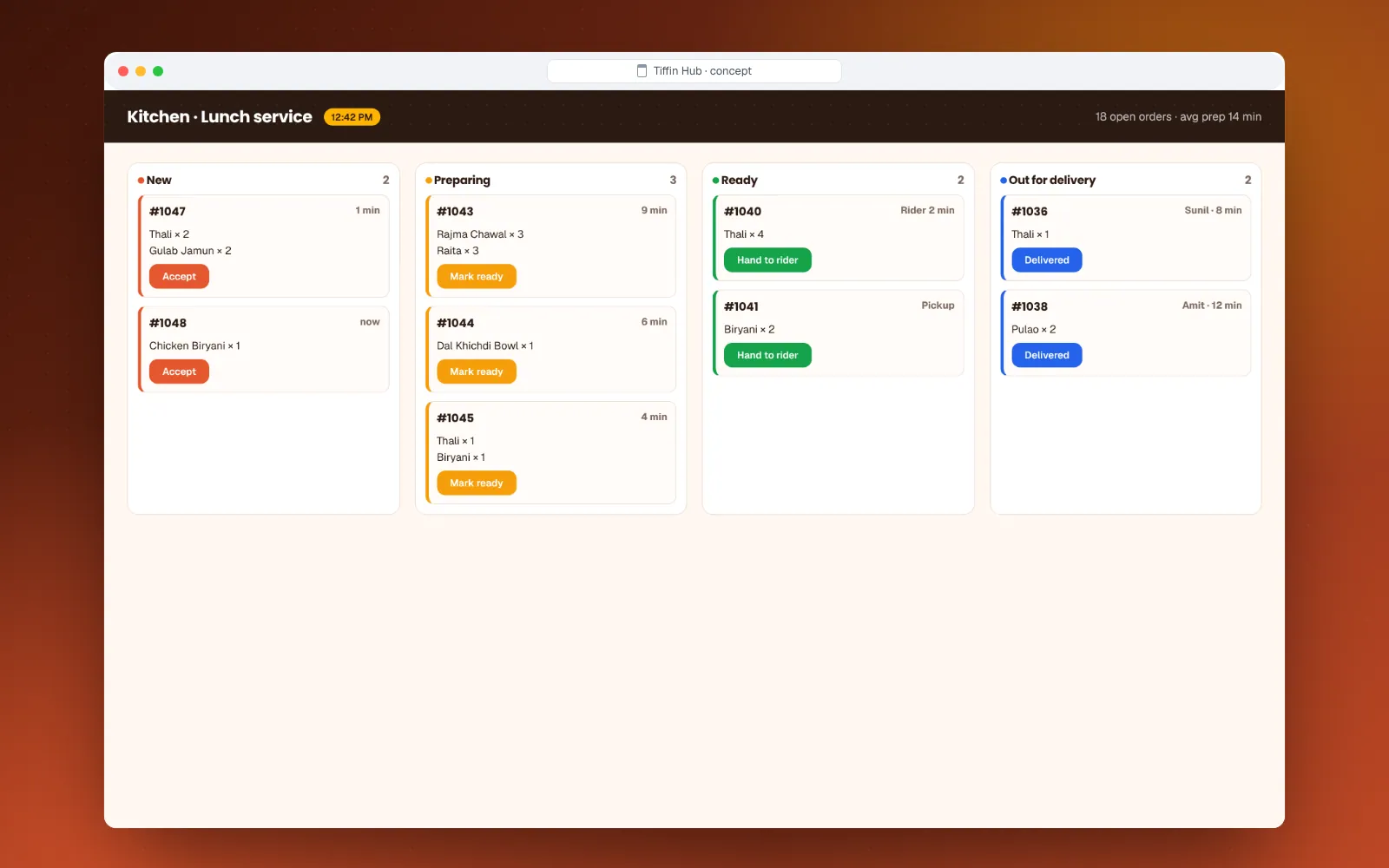 Tiffin Hub kitchen order screen with status columns