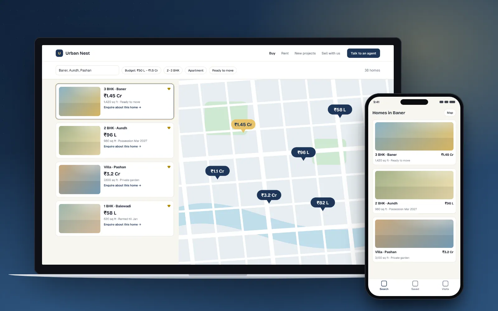 Urban Nest concept on laptop and phone screens