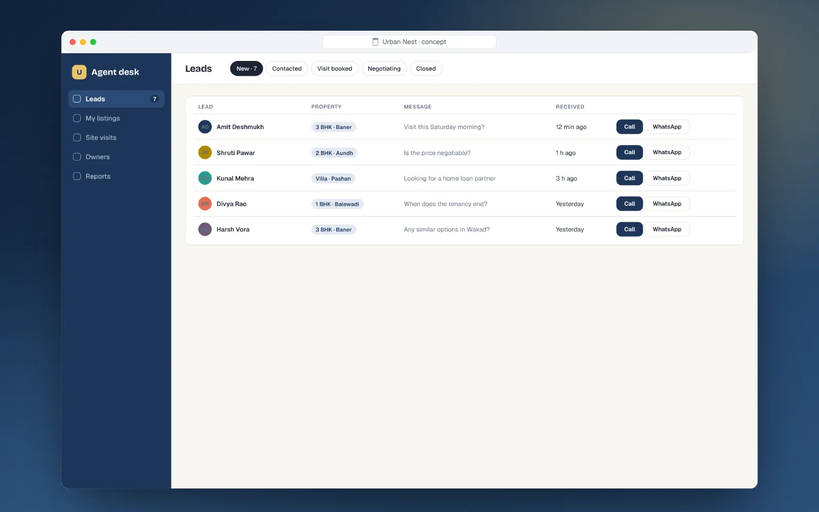 Urban Nest agent dashboard with leads